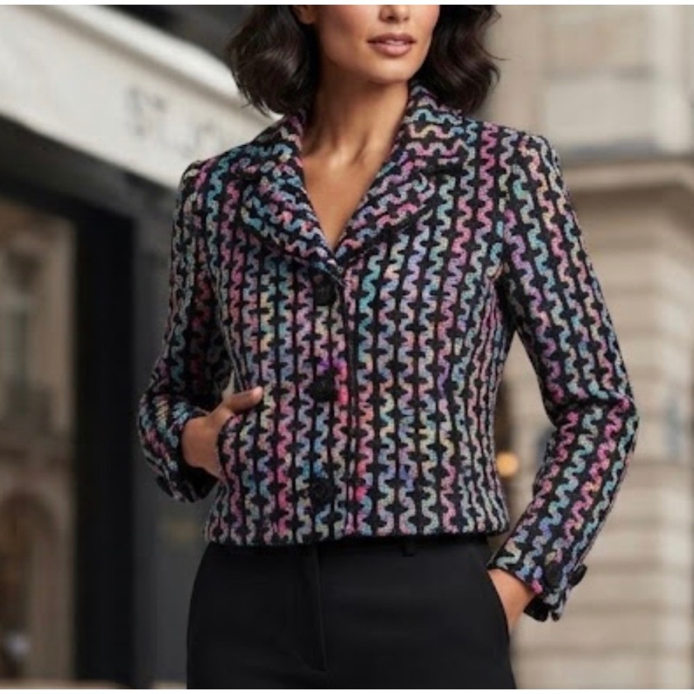 Vintage Ann May Woven 100% Silk Blazer Multicolor Geometric Crop Jacket Size 4
